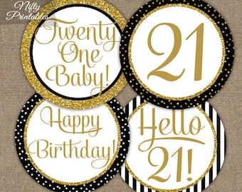 21st Birthday Cupcake Toppers - 21st Birthday Party Decorations Printable - Black Gold Glitter Elegant 21st Birthday Favor Tags 21 Years BGL