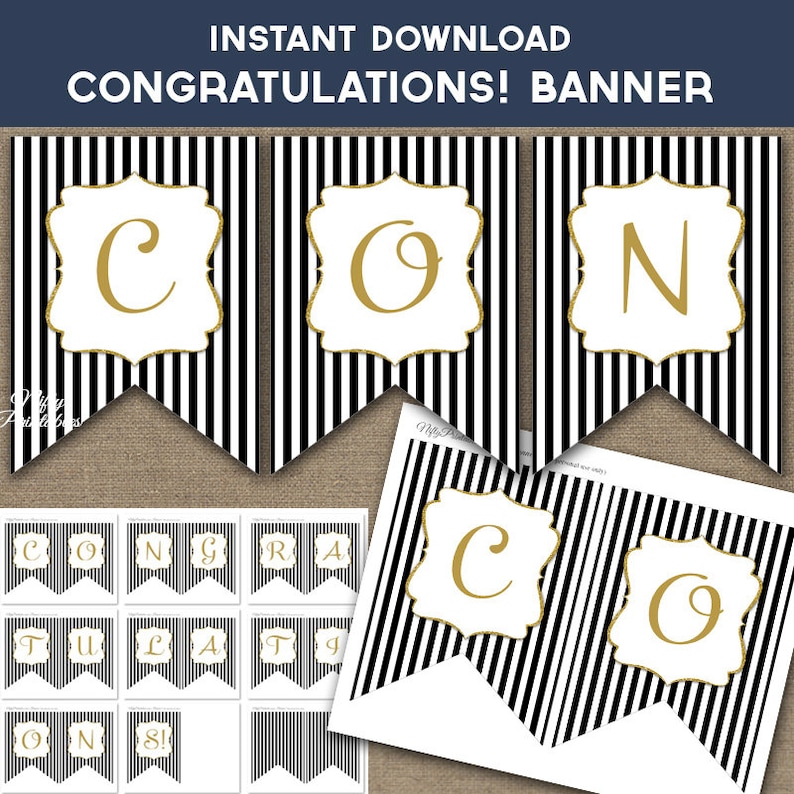 image about Congratulations Banner Printable named Congratulations Banner - Printable Congratulations Immediate Down load Banner - Black Gold Glitter Occasion Decorations - BGL