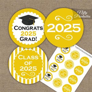 Yellow Graduation Cupcake Toppers - Printable 2025 Graduation Decorations - Yellow White Class of 2025 Graduation Party Printable