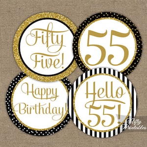 55th Birthday Cupcake Toppers - Black & Gold - 55 Years Bday Party Printable - Elegant DIY 55 Birthday Favor Tags - Instant Download - BGL