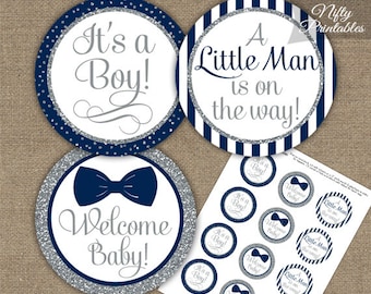 Bow Tie Baby Shower Cupcake Toppers - Printable Navy Blue Bow Tie Shower Decorations - Navy Silver Boy Bowtie Topper - Little Man Shower NSG