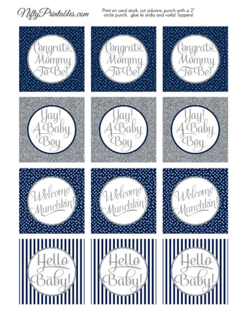 Boy Baby Shower Cupcake Toppers Printable Navy Blue Baby Etsy