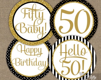 50th Birthday Cupcake Toppers - Black Gold Glitter Party Circles Decorations - Printable 50th Birthday Toppers - Elegant Fifty Years BGL