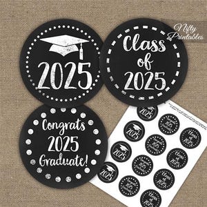 Graduation Cupcake Toppers - Printable 2025 Graduation Decorations - Black White Class of 2025 Grad Party Printable - Chalkboard