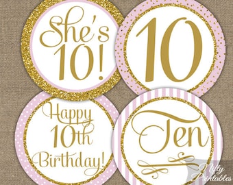 10th Birthday Cupcake Toppers - Tenth Birthday Party Decor - Pink & Gold Printable - DIY Girls 10th Bday Favor Tags - Ten Year Old - PGL