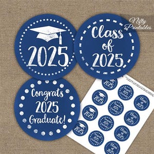 Graduation Cupcake Toppers - Printable 2025 Graduation Decorations - Blue Class of 2025 Grad Party Printable - Navy Blue Chalkboard