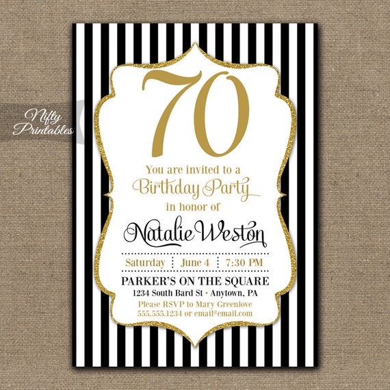 70th birthday invitations black gold glitter 70 seventy etsy