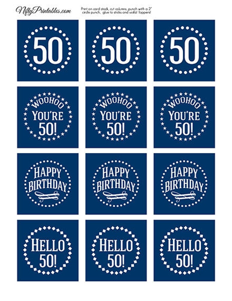 Navy Blue 50th Birthday Cupcake Toppers Blue White 50th Etsy