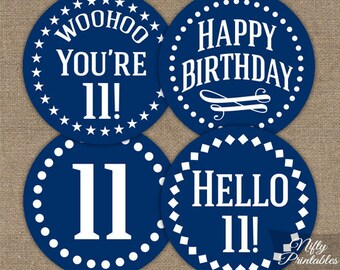 Navy Blue 11th Birthday Cupcake Toppers - Blue White 11th Birthday Toppers - 11 Years Old Party Decorations - 11th Birthday Decor IMPN