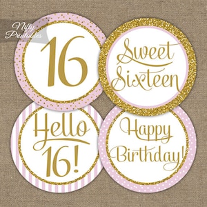 Sweet 16 Birthday Cupcake Toppers - Sweet Sixteen Pink & Gold Glitter Printable - DIY 16th Birthday Party Toppers - Sweet 16 Decorations PGL