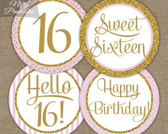 Sweet 16 Birthday Cupcake Toppers - Sweet Sixteen Pink & Gold Glitter Printable - DIY 16th Birthday Party Toppers - Sweet 16 Decorations PGL