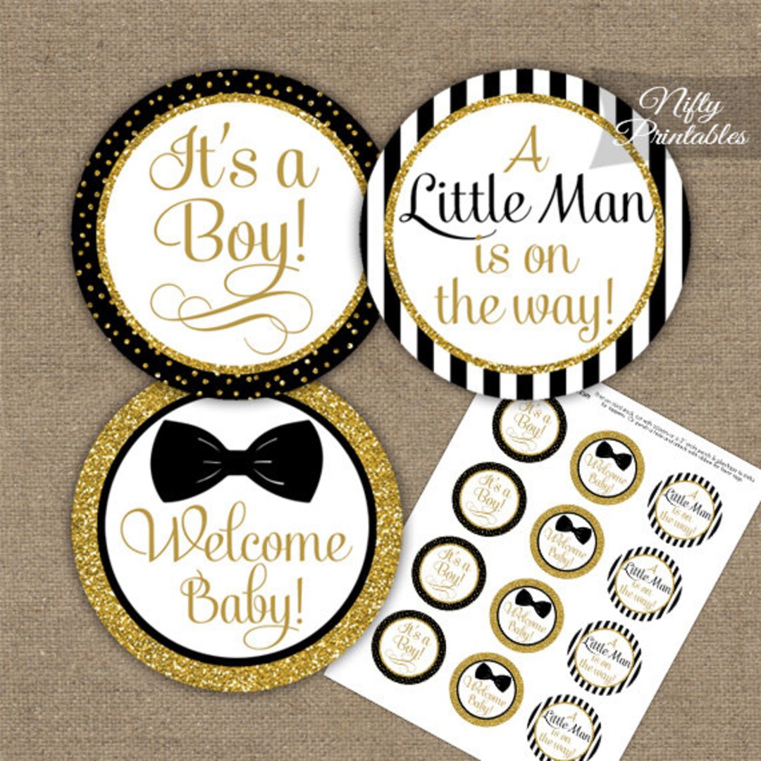 Bow Tie Baby Shower Cupcake Toppers - Printable Black Gold Bow Tie