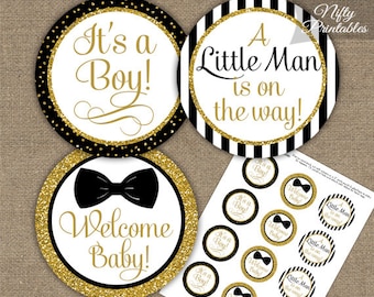 Bow Tie Baby Shower Cupcake Toppers - Printable Black Gold Bow Tie Shower Decorations - Bowtie Toppers - Little Man Baby Shower BGL