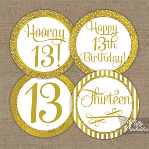 13th Birthday Cupcake Toppers - Gold 13th Birthday Toppers - Printable 13 Year Old Birthday Party Decorations - 13th Birthday Favor Tags GLD