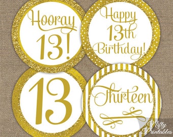 13th Birthday Cupcake Toppers - Gold 13th Birthday Toppers - Printable 13 Year Old Birthday Party Decorations - 13th Birthday Favor Tags GLD