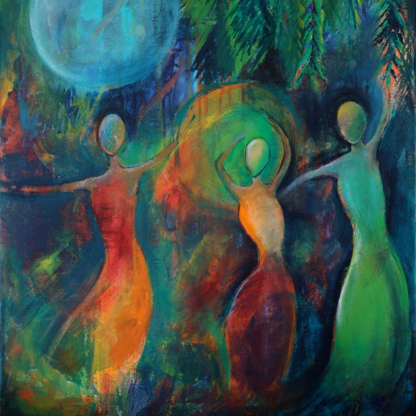 Moon Dance, Print from Original Acrylic Painting, Home Decor, Navy, Orange, Teal, Abstract Art, Women Dancing, Moon