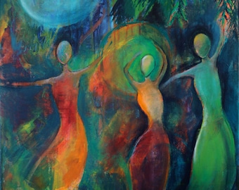 Moon Dance Art Print, Abstract Women Dancing, Navy, Orange, Teal