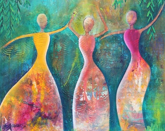 Dance Under the Willows, Print from Original Acrylic Painting, Home Decor, Green, Pink, Teal, Tree, Abstract Art, Women Dancing, Moon
