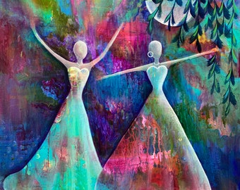 Dance Of The Northern Lights, Print from Original Acrylic Painting, Home Decor, Abstract Art, Woman Supporting Women, Dancing, Moon