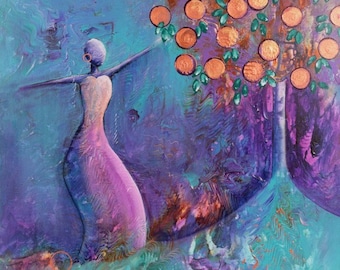 Copper Penny Tree Art Print, Colorful Woman and Tree, Purple, Teal, Copper, Abstract Art, Inner Beauty