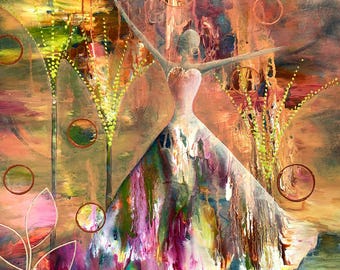 Wake Up It's A Beautiful Morning Art Print, Abstract Dancing Woman Print, Acrylic Painting Home Decor, Woman Supporting Women