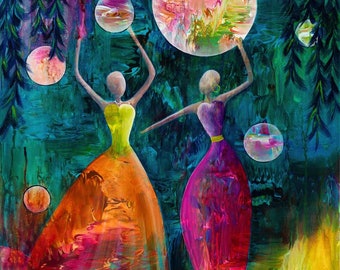 Forever Friends Art Print, Abstract Women Dancing, Colorful Moon, Teal Orange Pink Home Decor