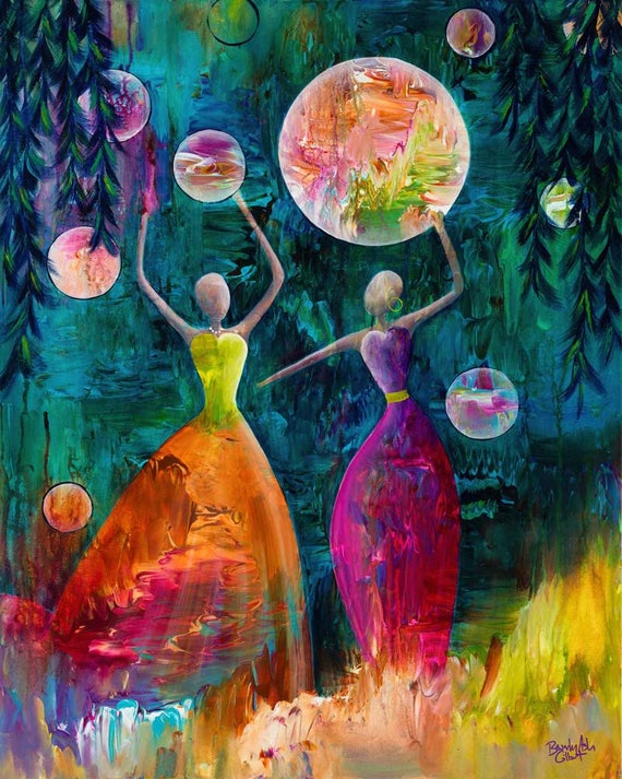 Forever Friends Print from Original Acrylic Painting Home Decor Orange Pink Teal Tree Abstract Art Women Dancing Friends Moon