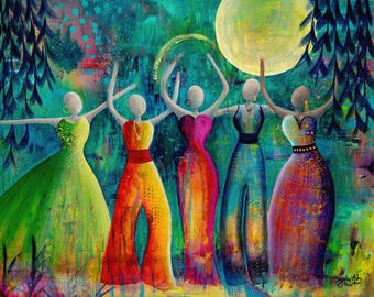 Circle of Friends, Print from Original Acrylic Painting, Home Decor, Abstract Art, Woman Supporting Women, Dancing, Moon
