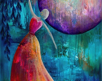 Dance As If Only The Moon Is Watching, Print from Original Acrylic Painting, Home Decor, Abstract Art, Woman Supporting Women, Dancing, Moon