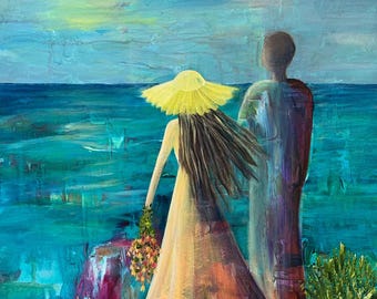 Look To The Horizon Art Print, Abstract Seascape Print, Woman with Hat, Dancing Moon, Woman Supporting Women Art