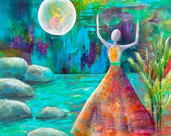 Dance By The Pond, Print from Original Acrylic Painting, Home Decor, Abstract Art, Woman Supporting Women, Dancing, Moon