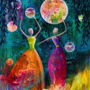 Forever Friends, Gran lienzo de pintura acrílica original, 30x24, Decoración del hogar, Marina, Estrellas, Arte abstracto, Mujeres bailando, Luna