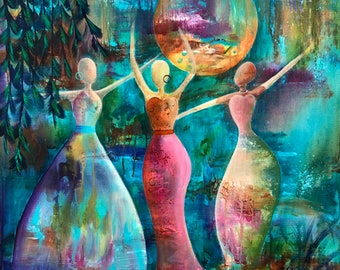 Dancing In A Patch Of Moonlight Art Print, Home Decor, Abstract Women Dancing Under the Moon, Colorful, Friendship