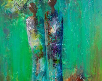 In Deep Conversation, Print from Original Acrylic Painting, Home Decor, Abstract Art, Woman Supporting Women, Dancing, Moon