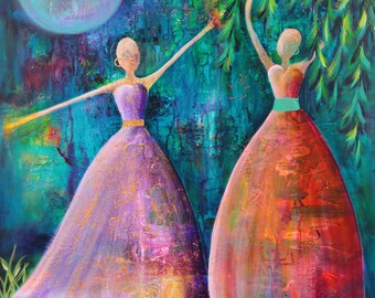 Dancing On Water, Print from Original Acrylic Painting, Home Decor, Abstract Art, Woman Supporting Women, Dancing, Moon