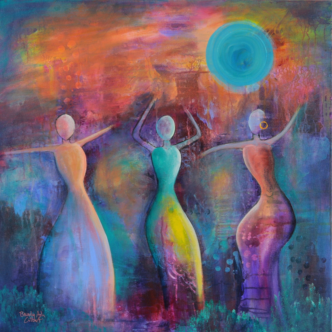 Colorful Dancing Women Art Print: Abstract Moon Painting (20x20) - Etsy