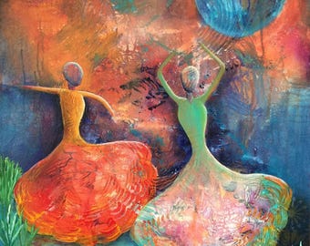 By The Pond, Print from Original Acrylic Painting, Home Decor, Abstract Art, Woman Supporting Women, Dancing, Moon