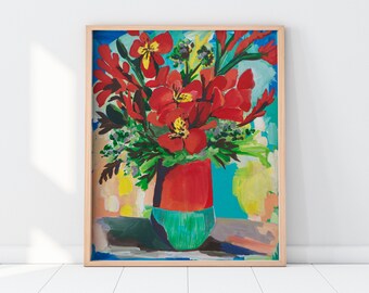 Red Flower Abstract Print, Flower Vase Print, Red Flower Giclee, Gallery Wall Floral Print, Red Floral Giclee Print, Artsy Gift for Her