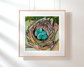 Modern Spring Art Print, Easter Gift, Bird Nest Print, Bird Nest Painting, Bird Eggs Art Print, Robins Egg Blue Decor, Birds Nest Art, Artsy