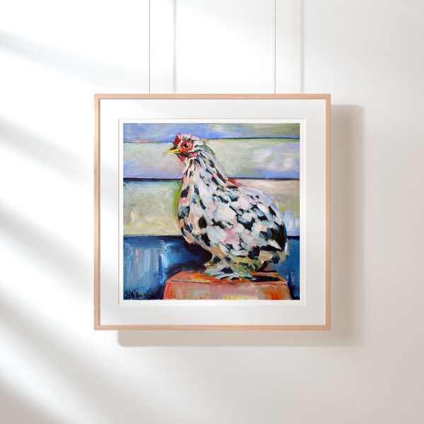 Abstract original chicken painting, Colorful spring chicken print, Spring gallery wall art, Chicken art print, Chicken farm gift