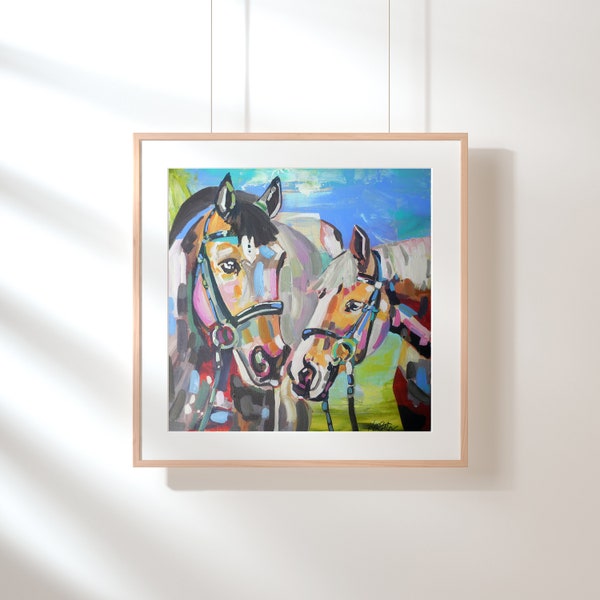 Two colorful horse print, Abstract double horse painting, Derby print, Horse show art print, Gallery wall animal print