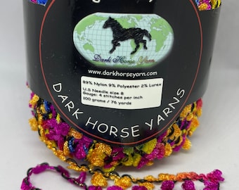 Dark Horse Yarn - Boucle Yarn: Orange, Blue, Yellow, Pink with Gold Metallic Thread # 102