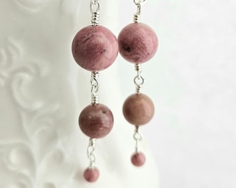 Rhodonite Gemstone Earrings - Long Dangle Earrings - Pink Drop Earrings - Light Pink Stone Earrings - Beaded Earrings - Simple Wire Earrings