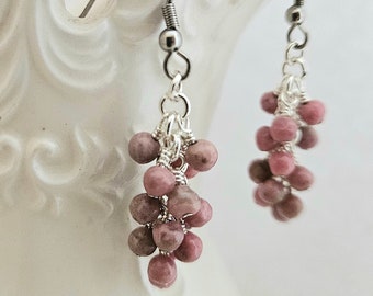 Rhodonite Earrings - Pink Gemstone Earrings - Pink Cluster Earrings - Boho Style - Pink Dangle Earrings - Beaded Earrings - Natural Stone
