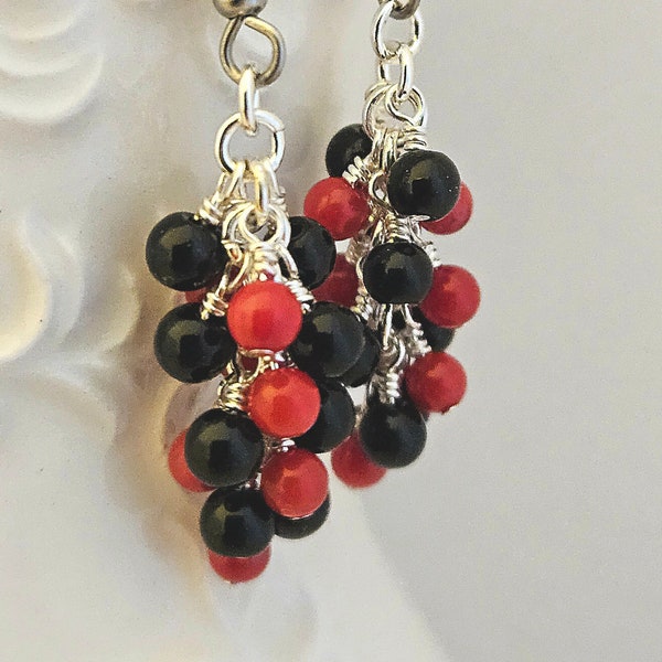 Black and Red Cluster Earrings - Black Onyx and Red Bamboo Coral Earrings - Beaded Earrings - Goth Earrings - Dark Gemstone Dangle Earrings