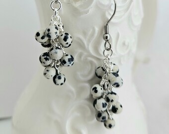 Dalmation Jasper Cluster Earrings - Black and White Stone Dangle Earrings - Beaded Earrings - Grape Earrings - Gemstone Dangle Earrings