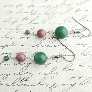 Rhodonite Green Aventurine Gemstone Earrings - Long Dangle Earrings - Pink Green Earrings - Light Pink Stone Earrings - Simple Gem Earrings