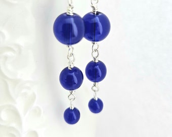 Cobalt Blue Glass Earrings - Long Dangle Earrings - Dark Blue Drop Earrings - Blue Glass Earrings - Beaded Earrings - Simple Wire Earrings