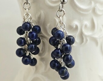 Lapis Lazuli Cluster Earrings - Dark Blue Stone Earrings - Blue Gemstone Earrings - Dark Blue Dangle Earrings - Grape Earrings - Bohemian