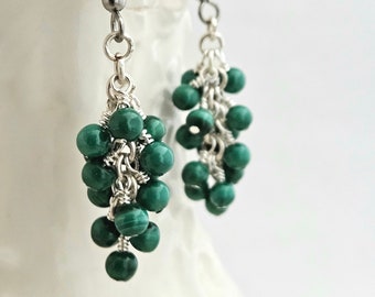 Malachite Cluster Earrings - Emerald Green Stone Dangle Earrings - Beaded Earrings - Grape Earrings - Dark Green Gemstone Dangle Earrings
